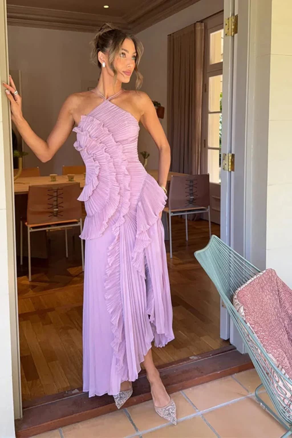 Katya Ruffle Trim Halter Neck Wedding Guest Maxi Dress_5
