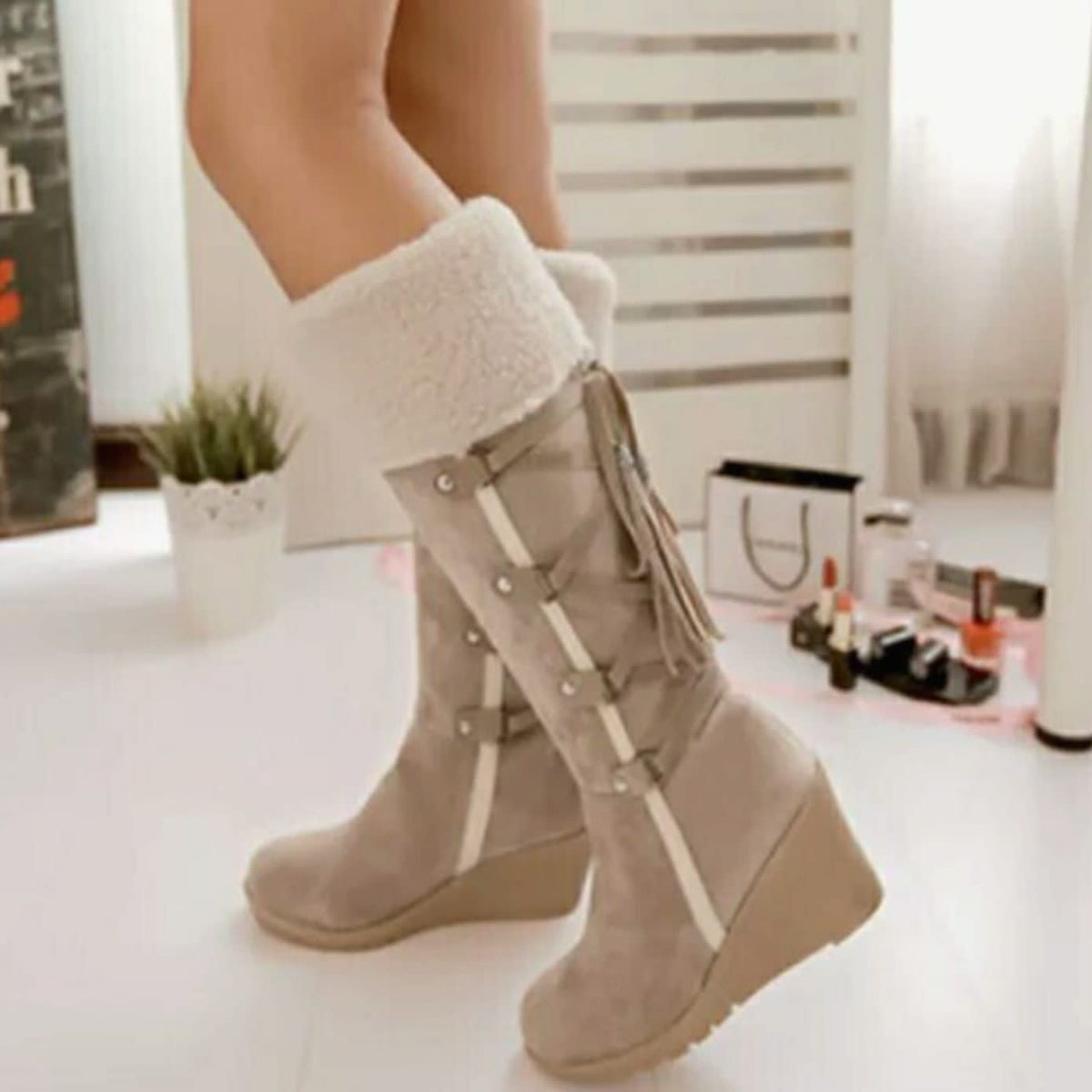 Rose Faux Suede Sherpa Cuff Wedge Knee High Boots_2