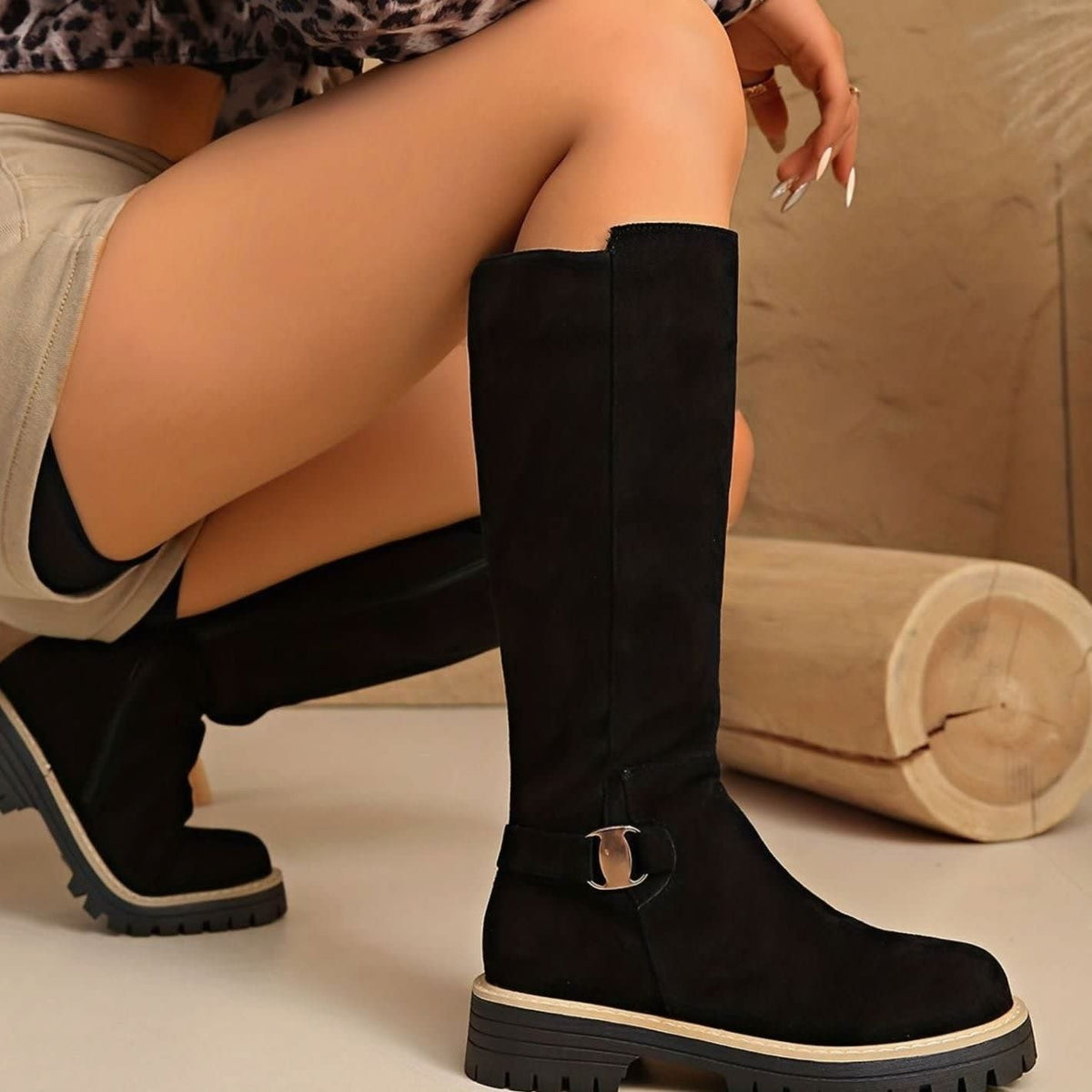 Laura Faux Suede Lug Sole Knee High Boots_2