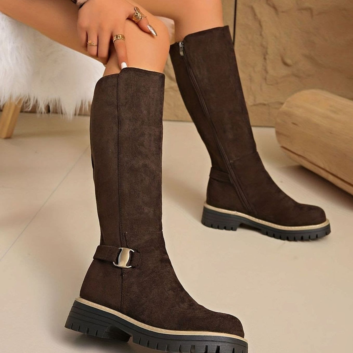 Laura Faux Suede Lug Sole Knee High Boots_5