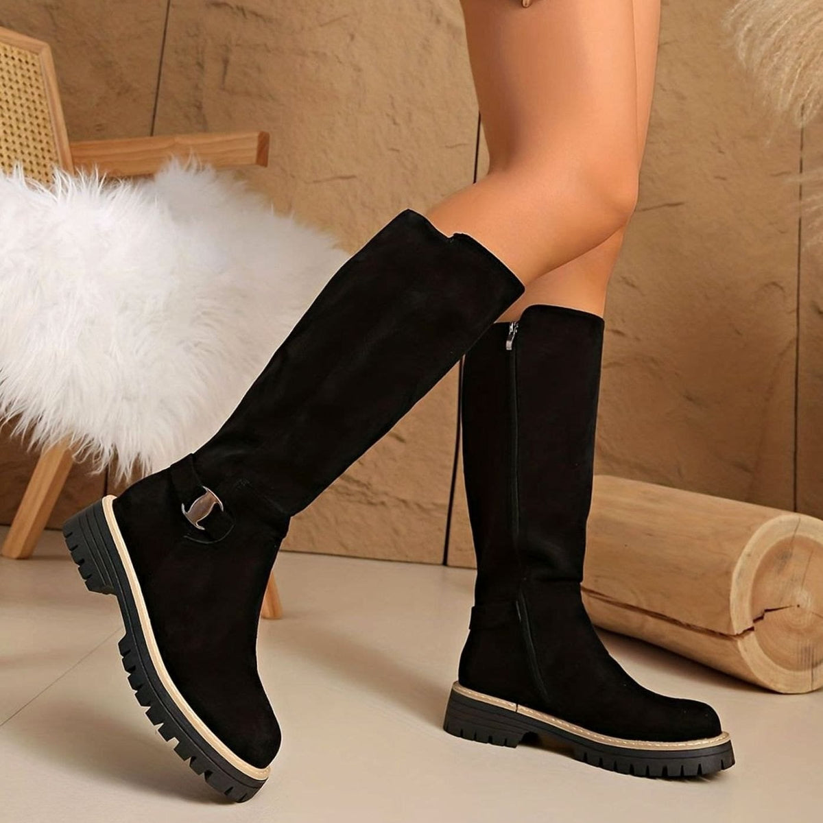 Laura Faux Suede Lug Sole Knee High Boots_6
