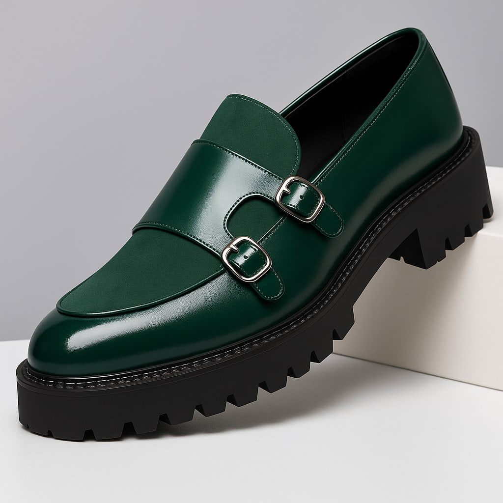 Roger Leather Suede Panel Chunky Sole Double Monk Loafers_12