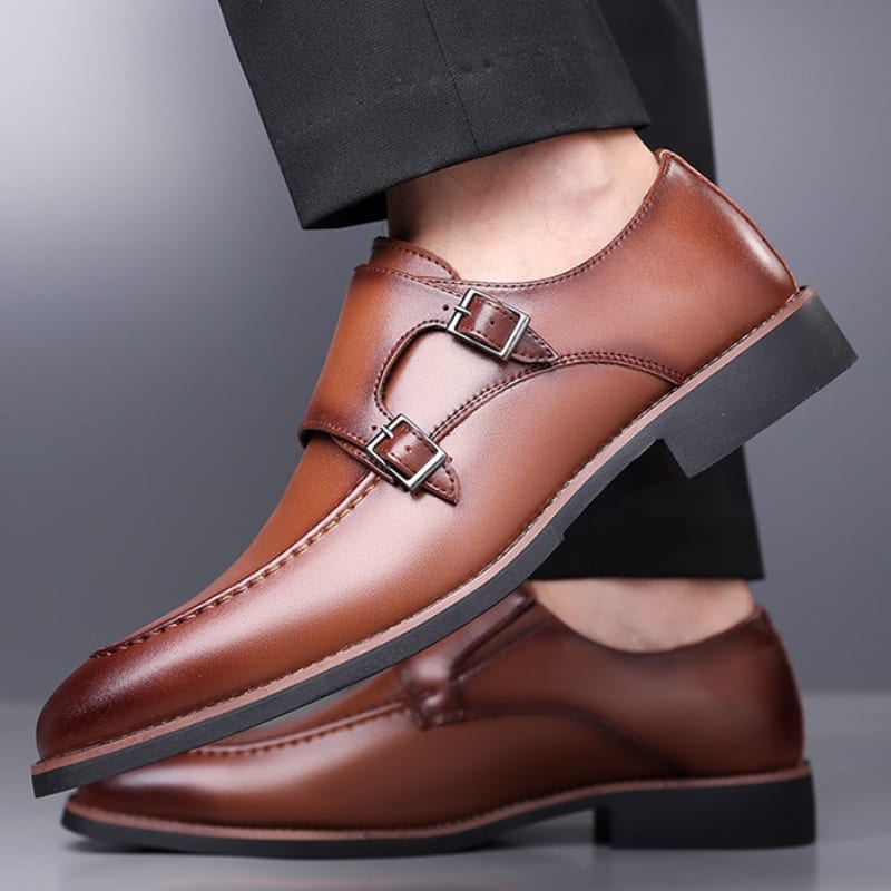 Leonard Leather Apron Toe Double Monk Strap Loafers_4