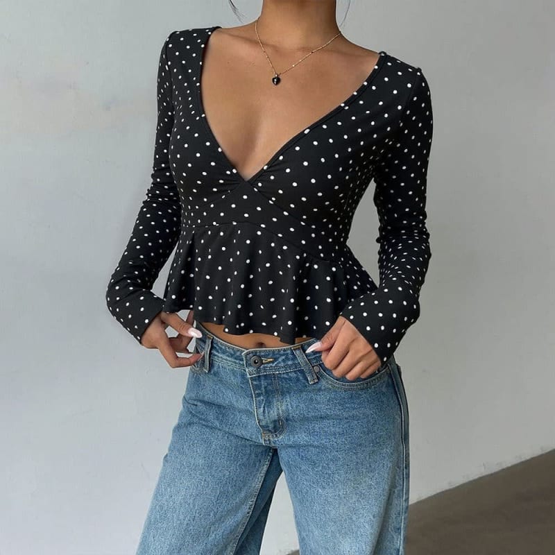 Larissa Polka Dot V-Neck Peplum Top_1