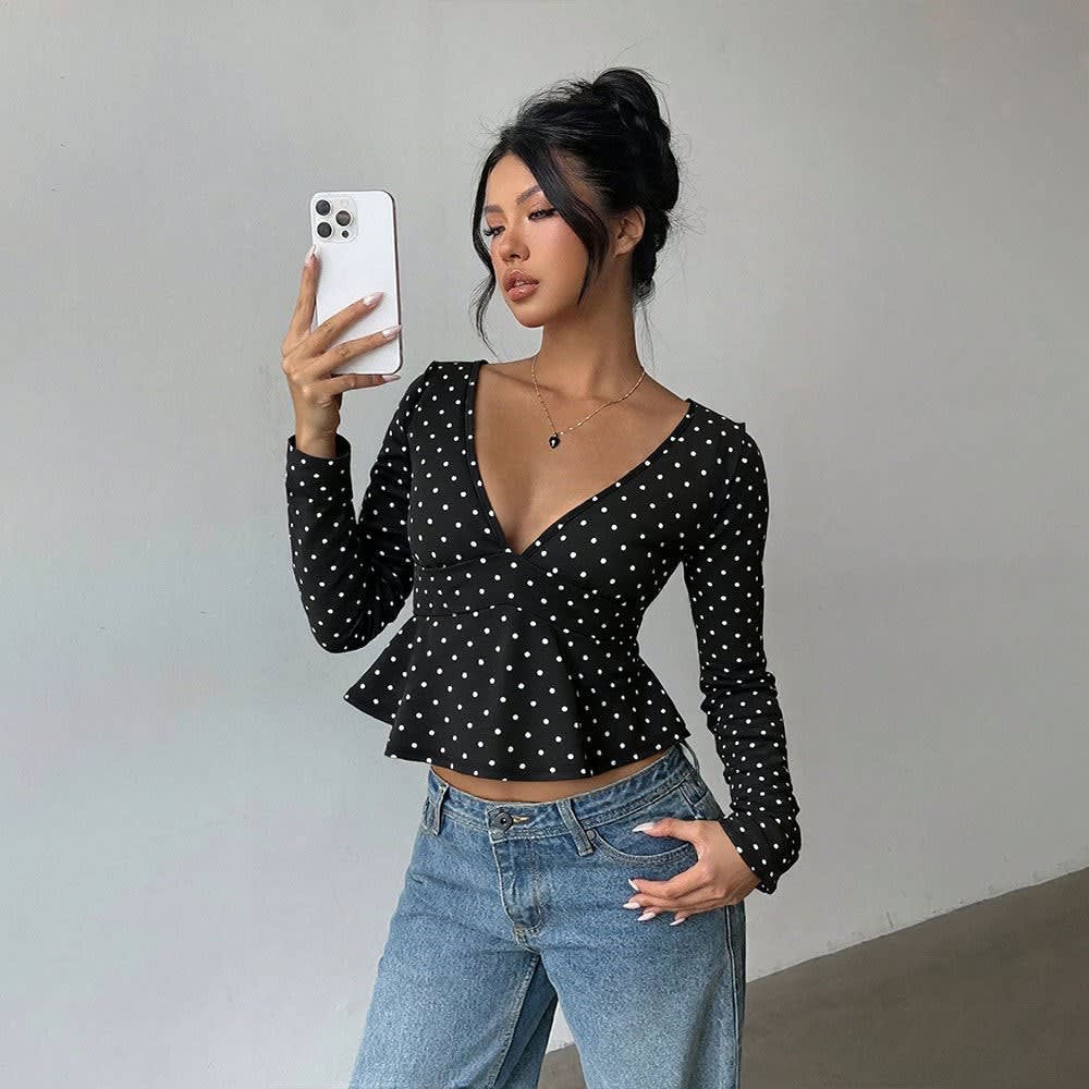 Larissa Polka Dot V-Neck Peplum Top_4