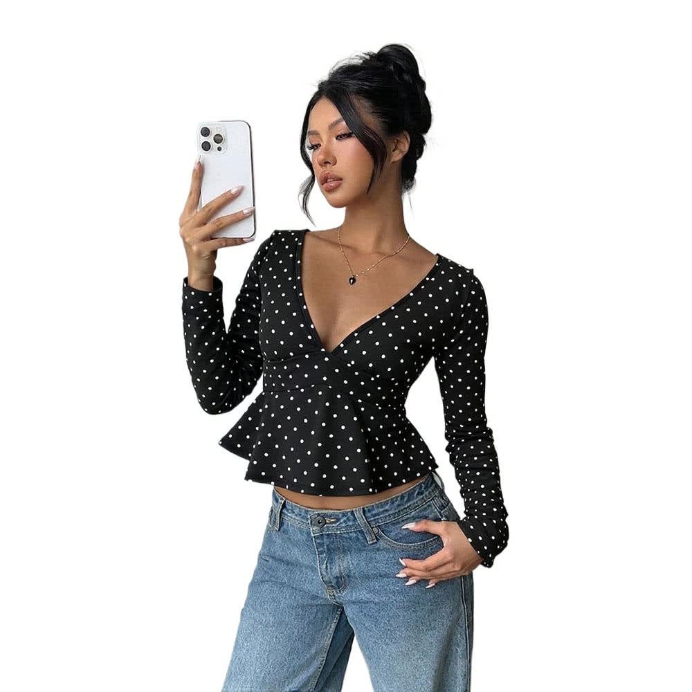 Larissa Polka Dot V-Neck Peplum Top_6