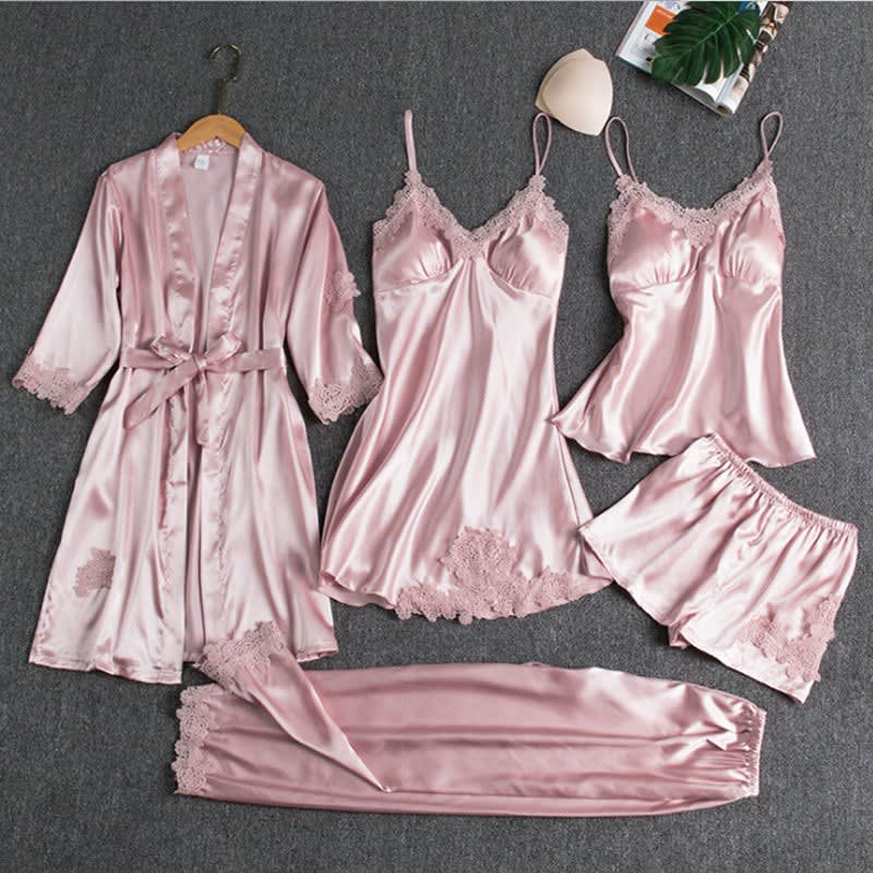 Leila Five Piece Satin Lace Pajama Set_3