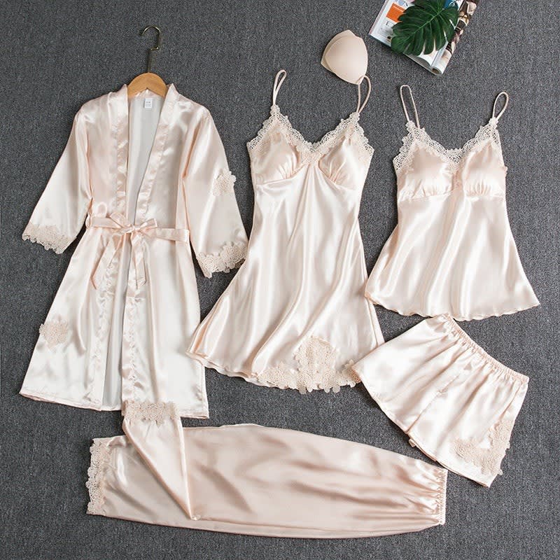 Leila Five Piece Satin Lace Pajama Set_4