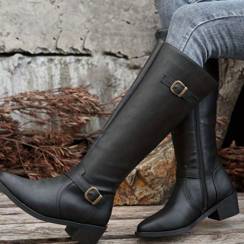Lauren Faux Leather Buckle Knee High Riding Boots_1