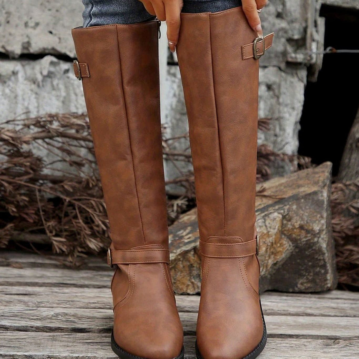 Lauren Faux Leather Buckle Knee High Riding Boots_2