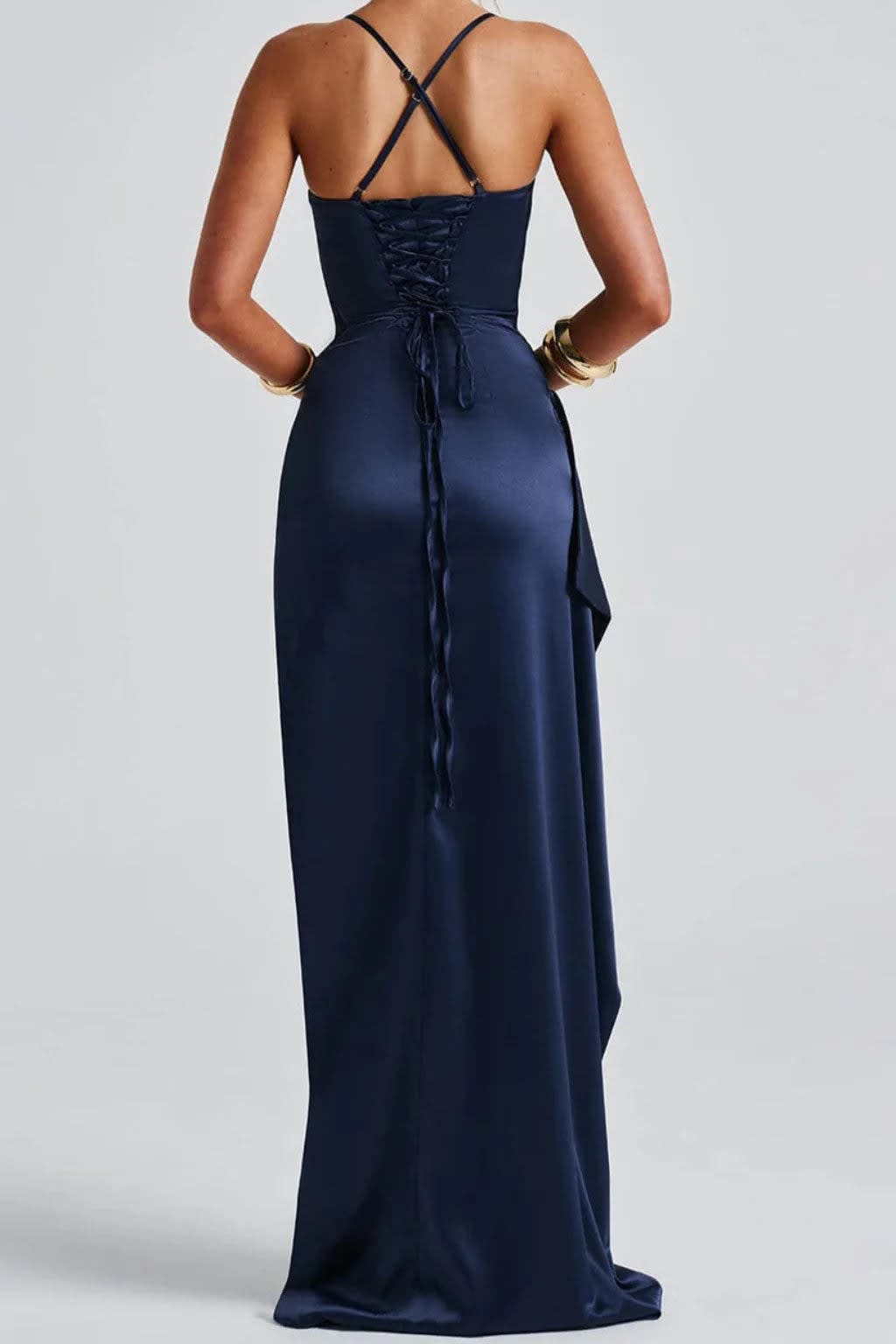 Araminta Navy Ruched Satin Wedding Guest Maxi Dress_5