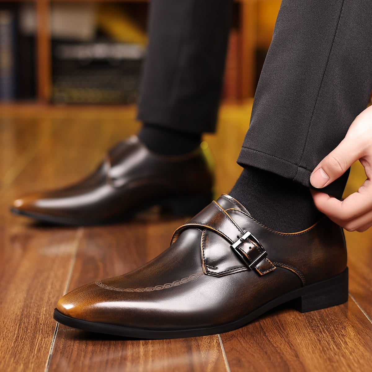 Randolph Burnished Leather Single Monk Strap Loafers_3