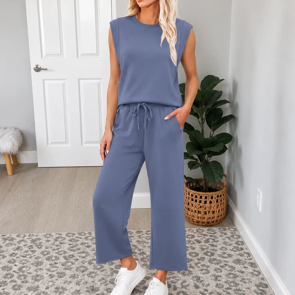 Flora Sleeveless Top and Wide Leg Drawstring Pants Two Piece Lounge Set_16
