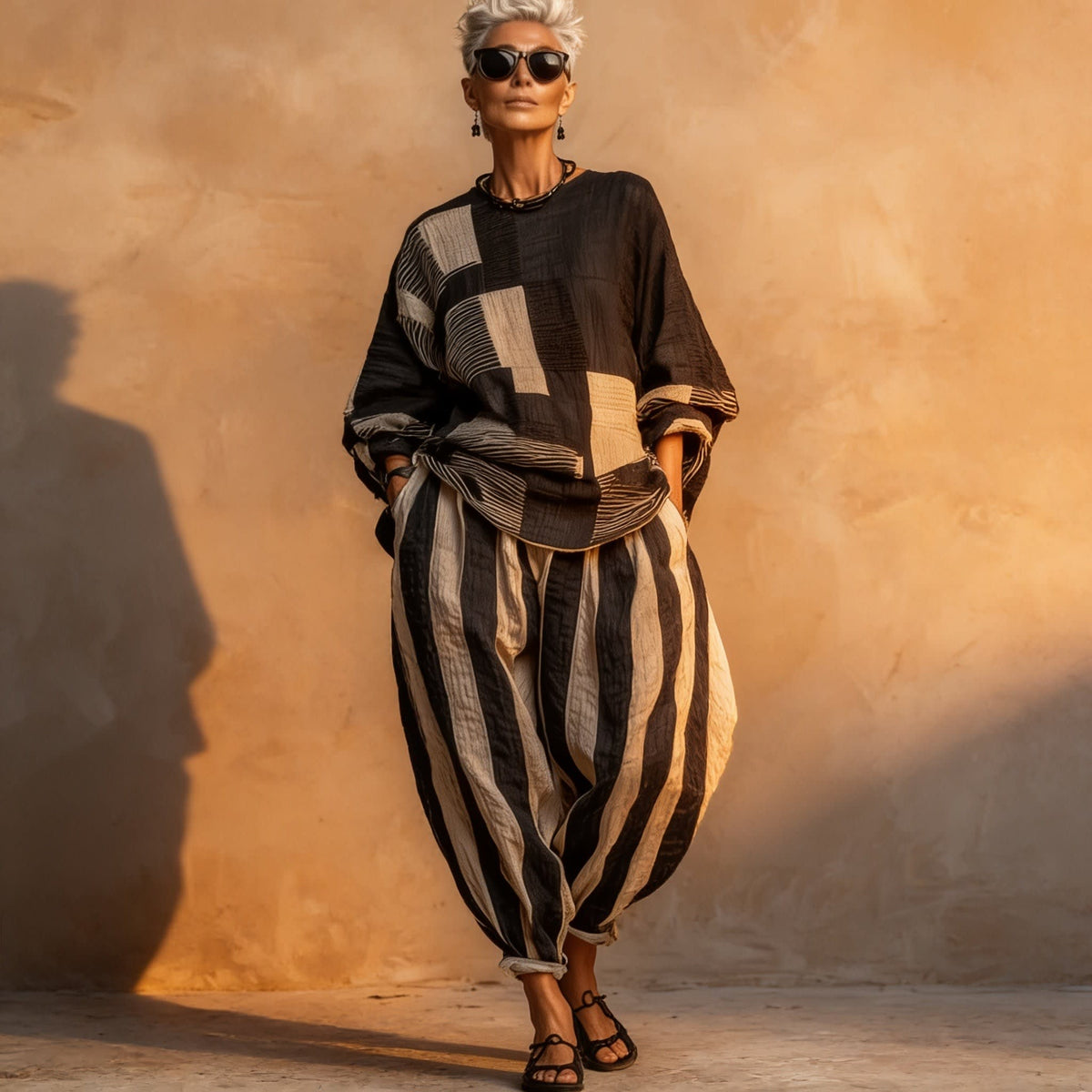 Fern Striped Color Block Oversized Top and Balloon Pants Two Piece Set_2
