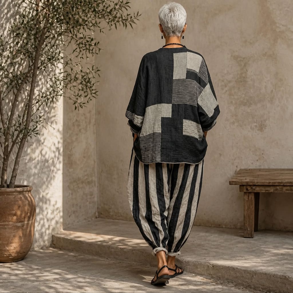 Fern Striped Color Block Oversized Top and Balloon Pants Two Piece Set_5