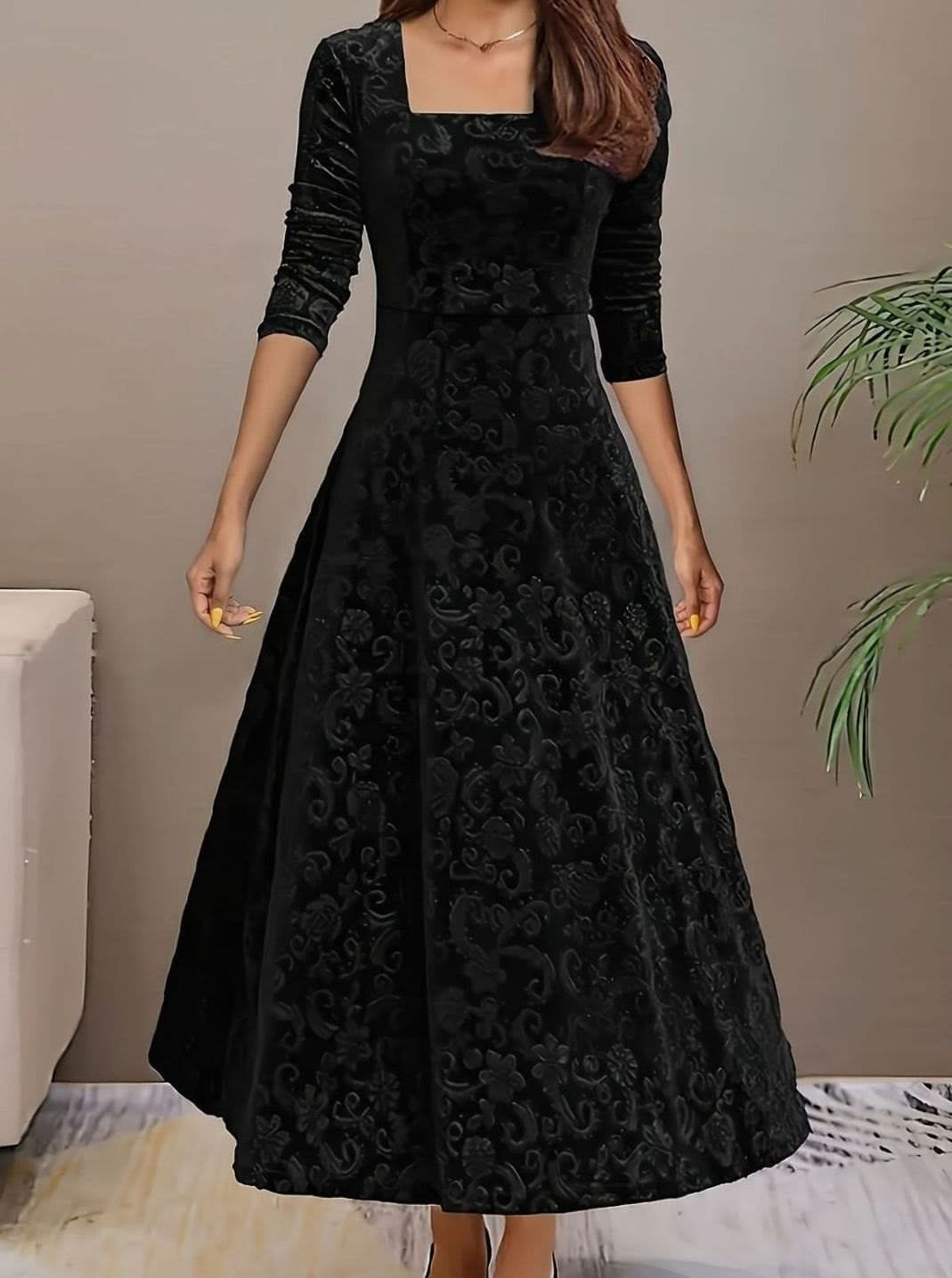 Valerie Velvet Square Neck Midi Party Dress_5