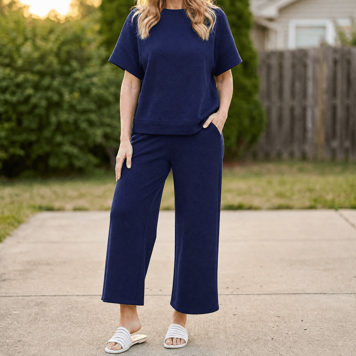 Clementine Textured Knit Short Sleeve Top and Cropped Wide Leg Pants Lounge Set_19