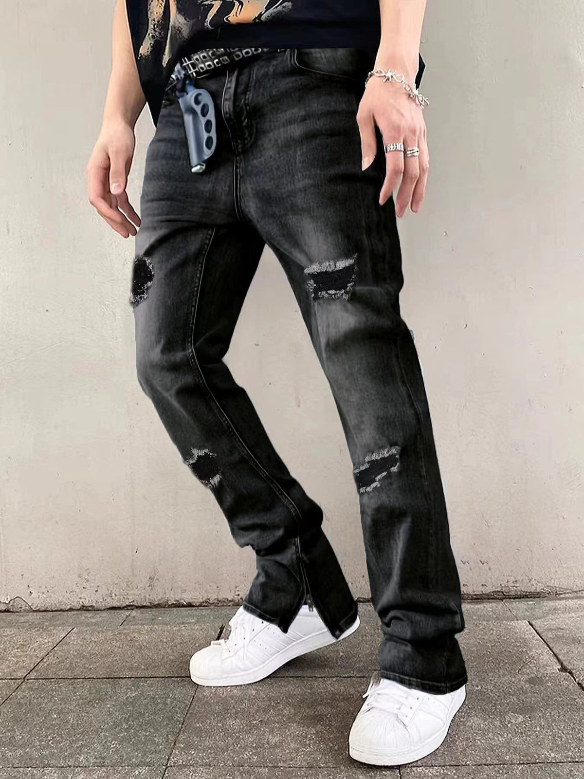 Tobias Ripped Zip Hem Flared Jeans_6