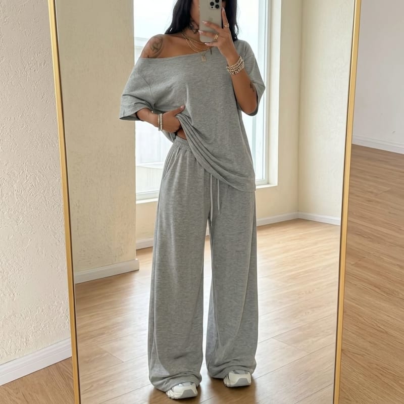 Annika Off-Shoulder Top and Wide Leg Pants Two Piece Lounge Set_1