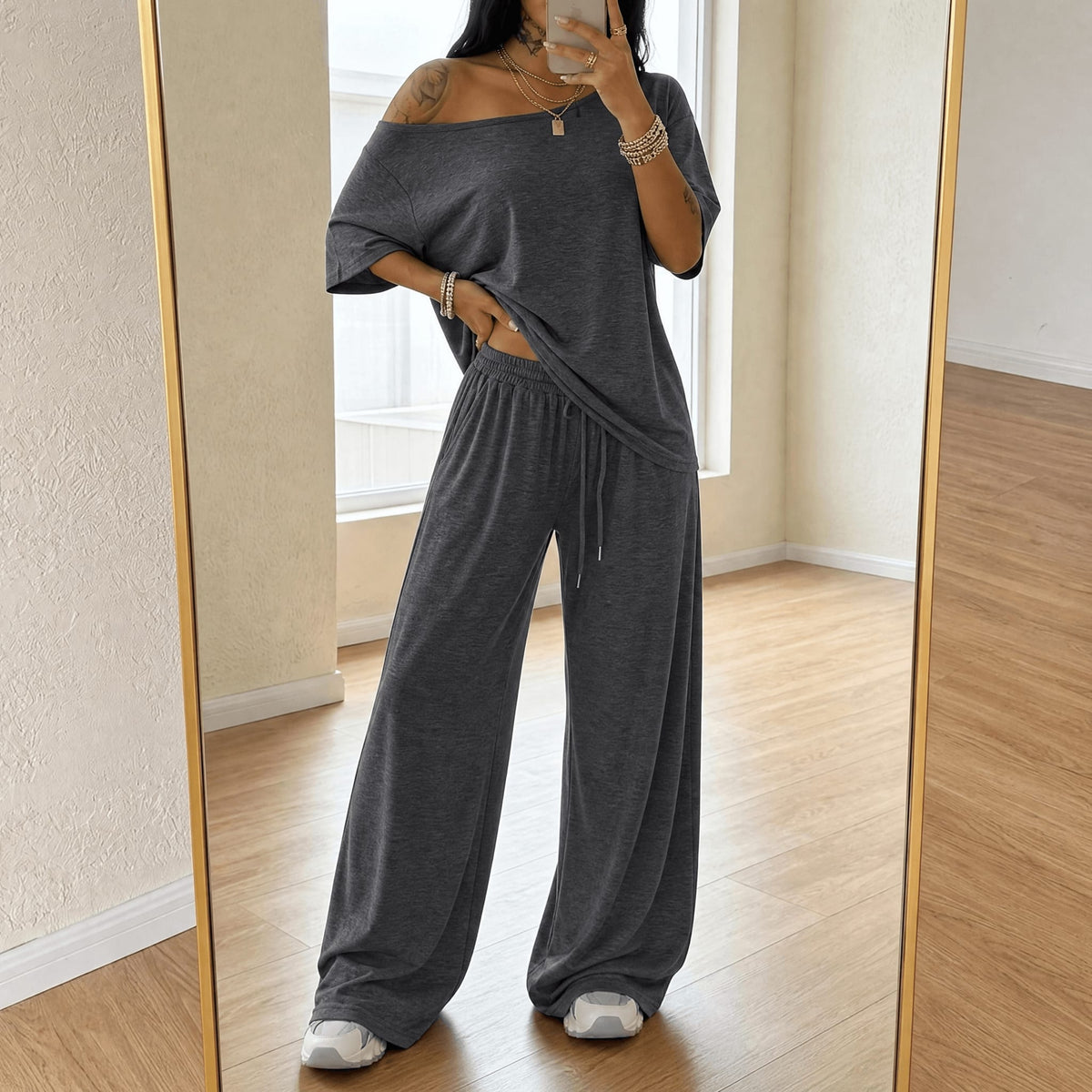 Annika Off-Shoulder Top and Wide Leg Pants Two Piece Lounge Set_12