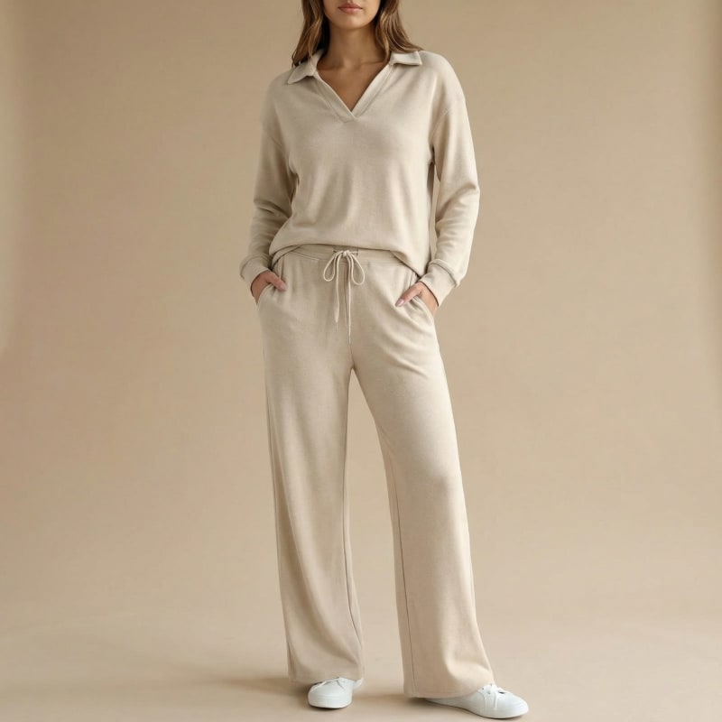 Felicity Collared V-Neck Top and Wide Leg Pants Lounge Set_1