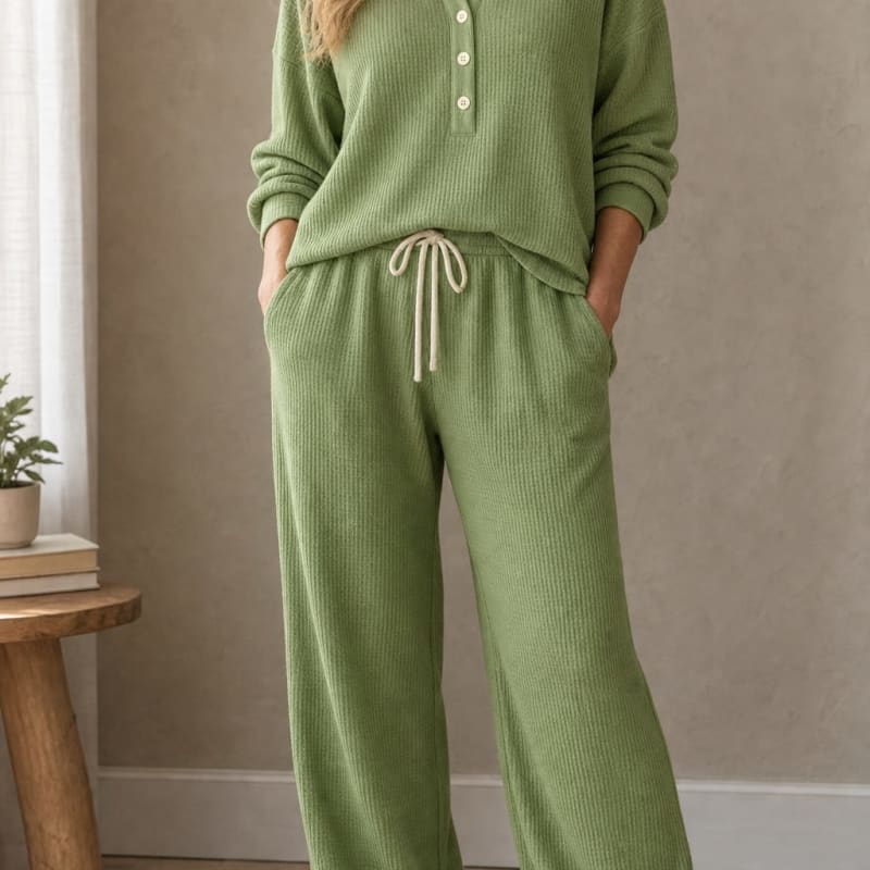 Sabrina Waffle Knit Henley Top and Wide Leg Drawstring Lounge Set_1
