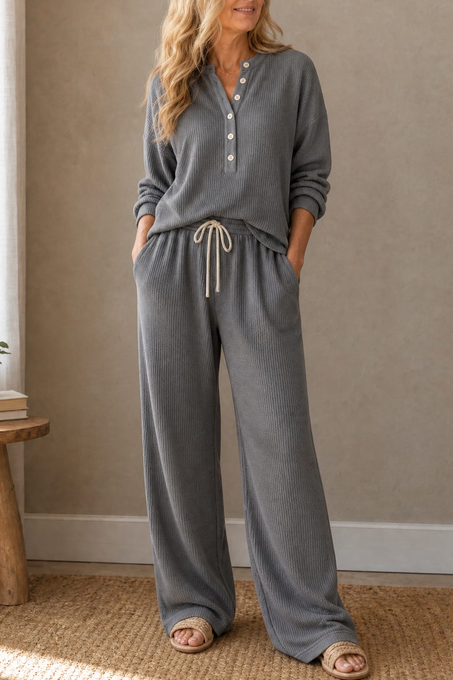 Sabrina Waffle Knit Henley Top and Wide Leg Drawstring Lounge Set_10