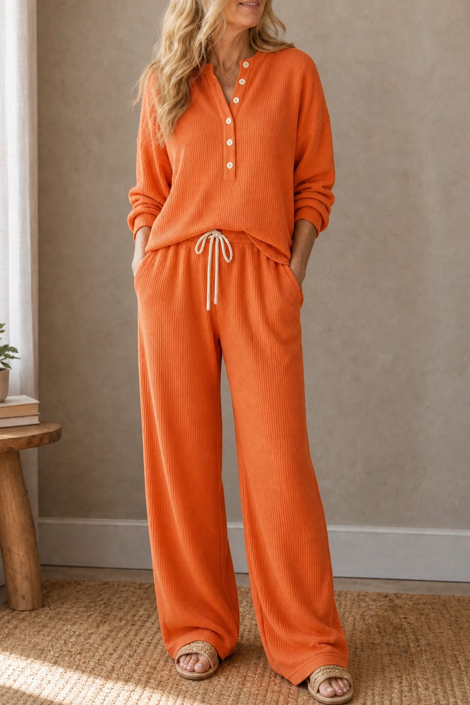 Sabrina Waffle Knit Henley Top and Wide Leg Drawstring Lounge Set_11