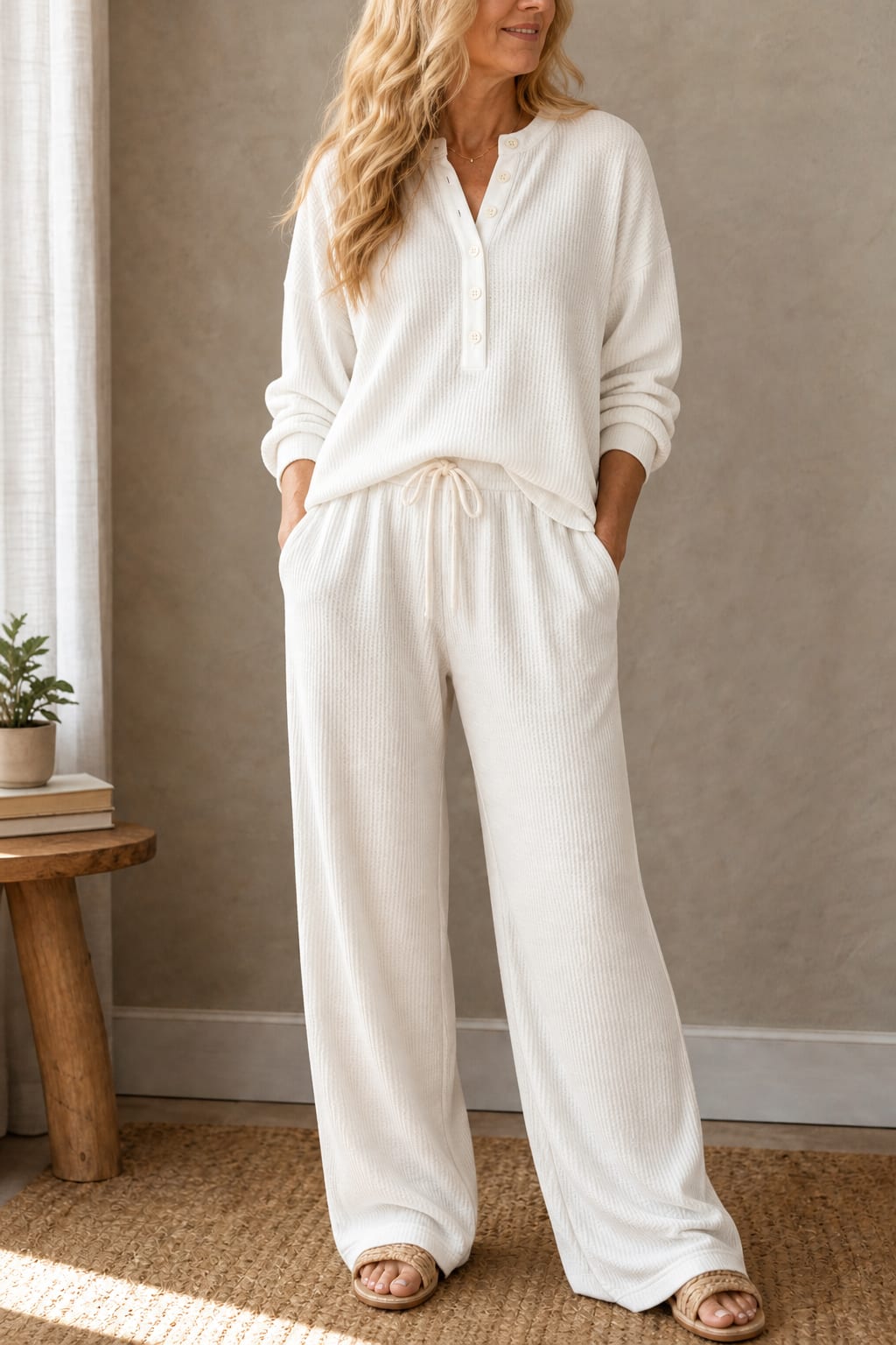 Sabrina Waffle Knit Henley Top and Wide Leg Drawstring Lounge Set_15