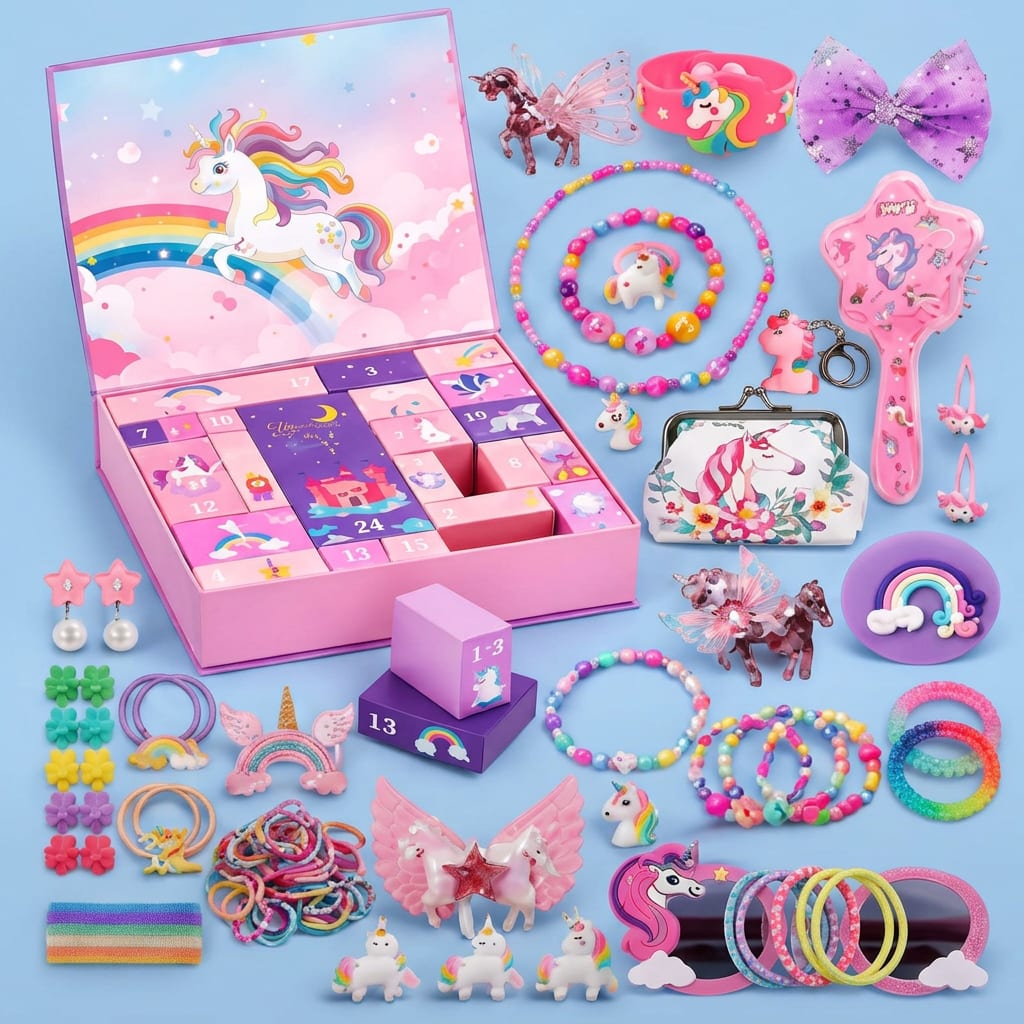 Unicorn Advent Calendar 2026 with Hair Accessories and Stickers Holiday Countdown for Kids_3