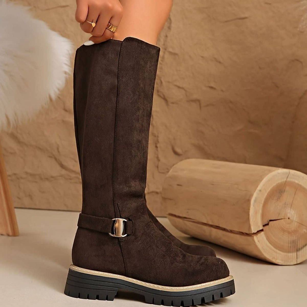 Laura Faux Suede Lug Sole Knee High Boots_12