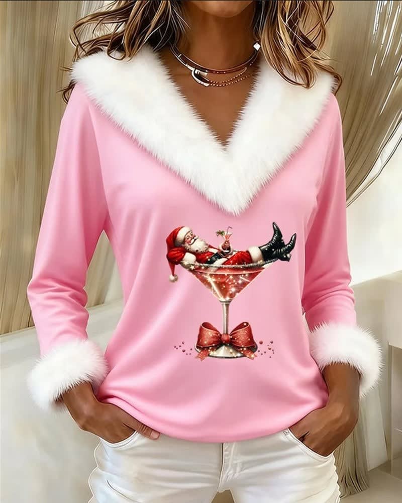 Iris Faux Fur Trim V-Neck Christmas Top_5