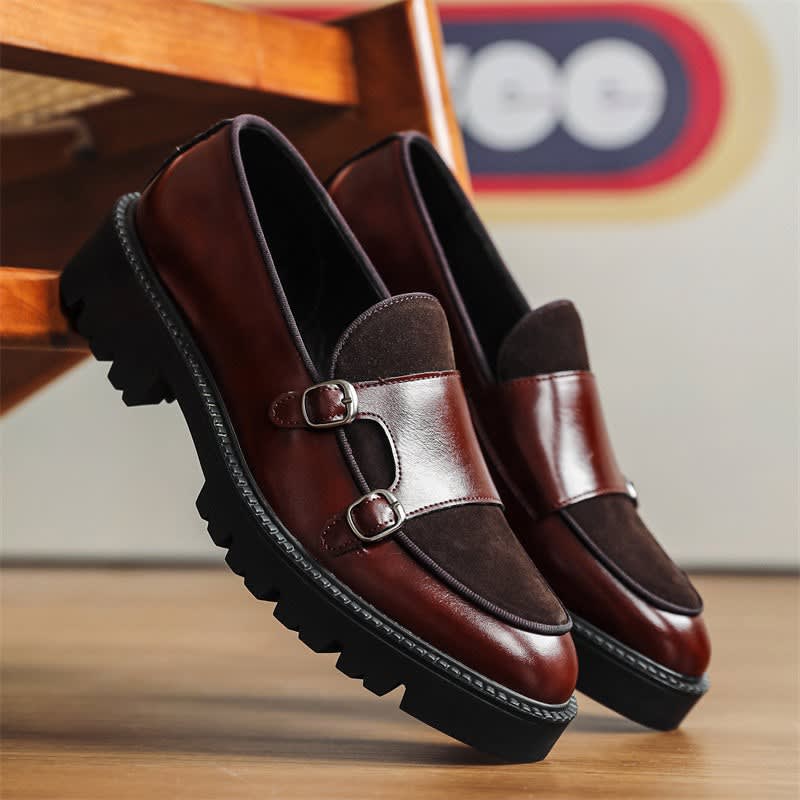 Roger Leather Suede Panel Chunky Sole Double Monk Loafers_1