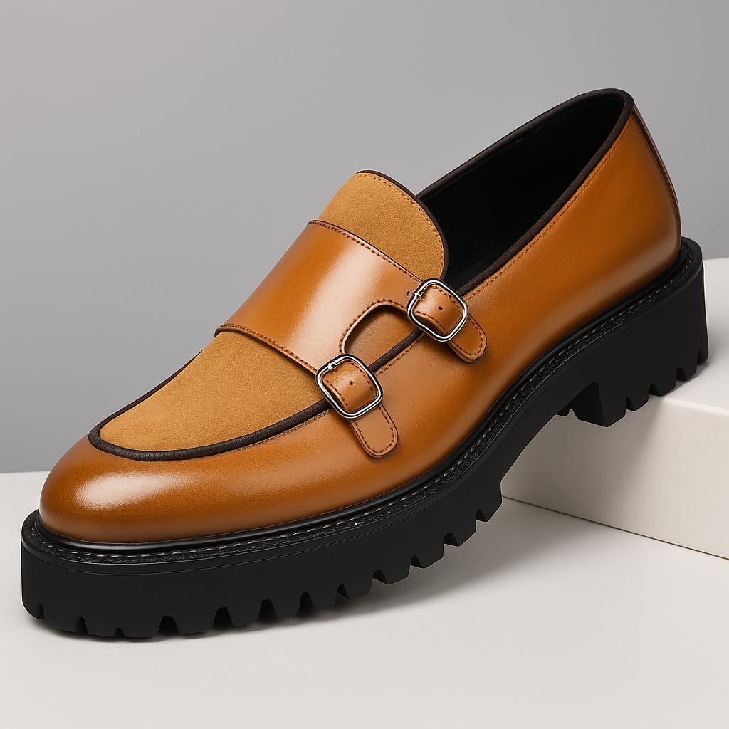 Roger Leather Suede Panel Chunky Sole Double Monk Loafers_13