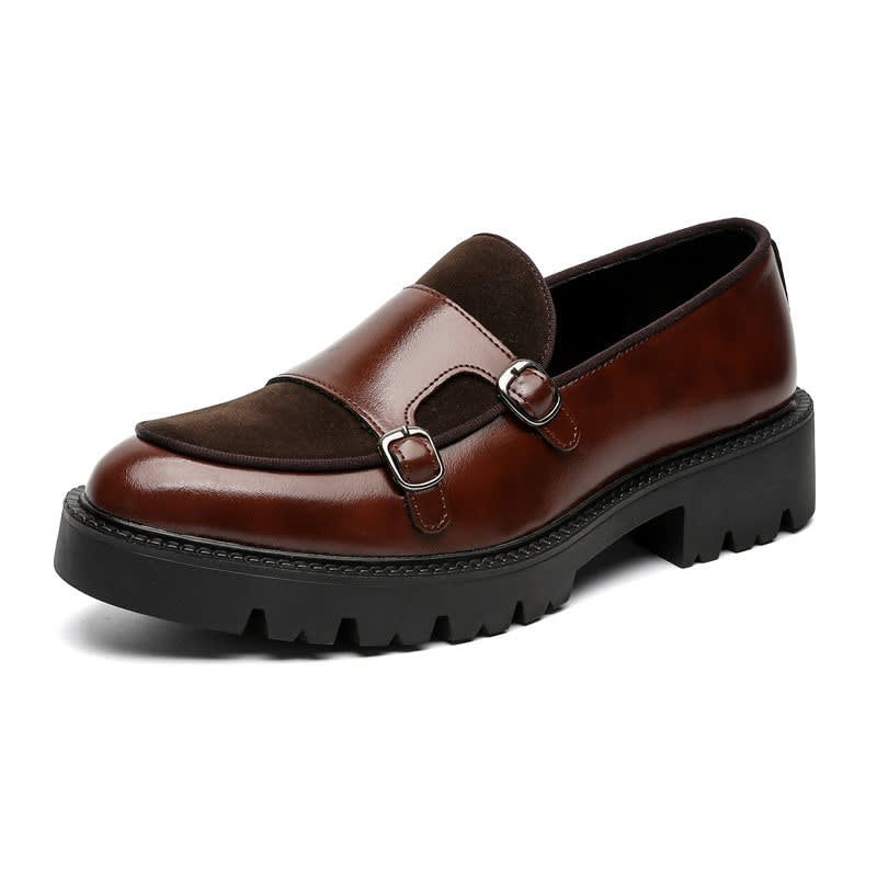 Roger Leather Suede Panel Chunky Sole Double Monk Loafers_4