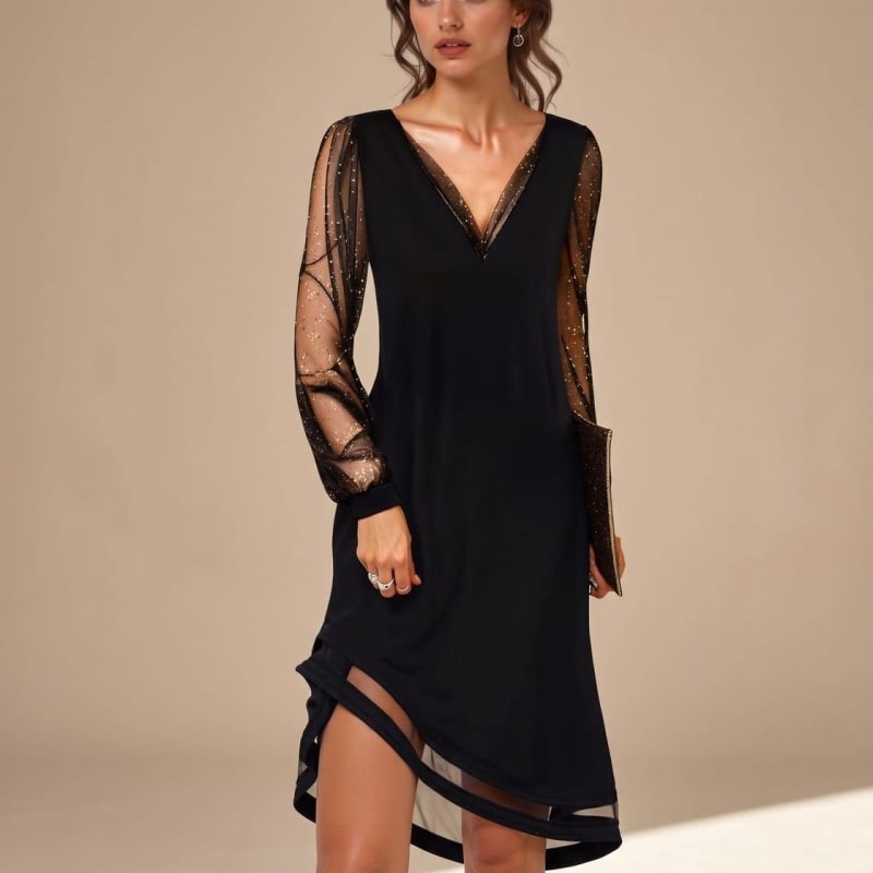 Agnes Black Sheer Sleeve Christmas Party Dress_1