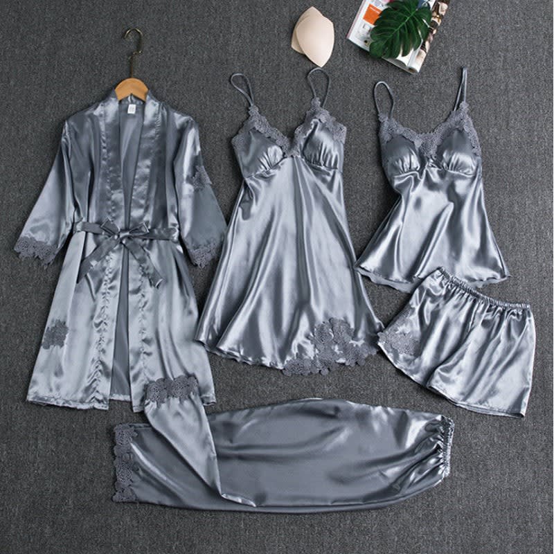 Leila Five Piece Satin Lace Pajama Set_5