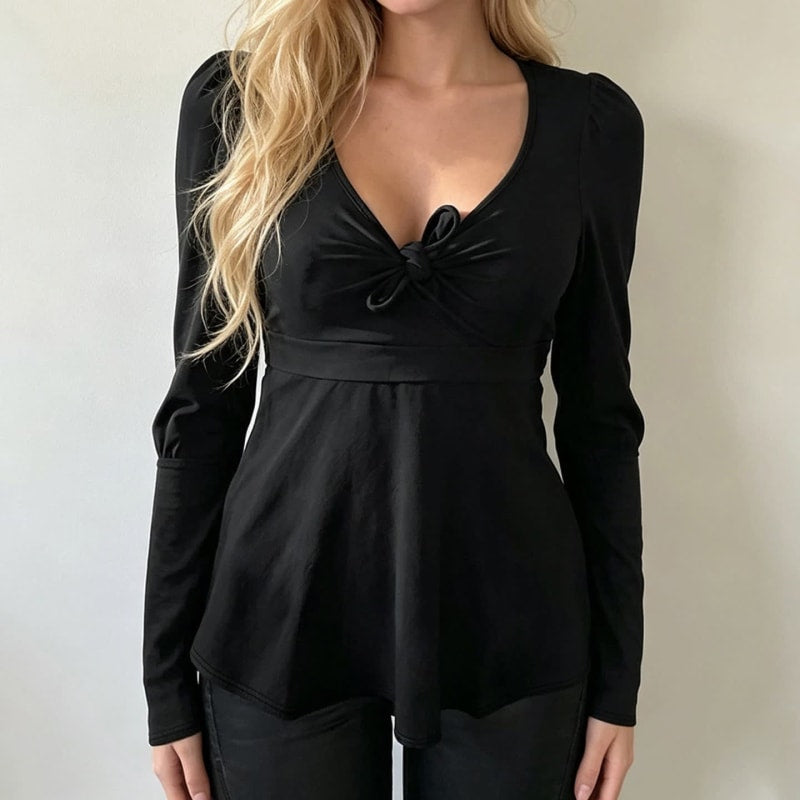 Greta Knot Front Puff Sleeve Peplum Top_1