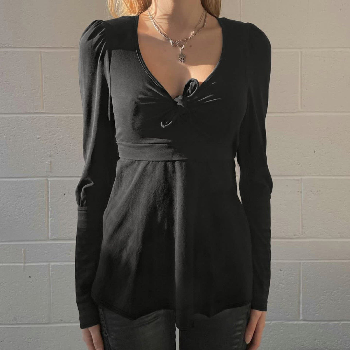 Greta Knot Front Puff Sleeve Peplum Top_2