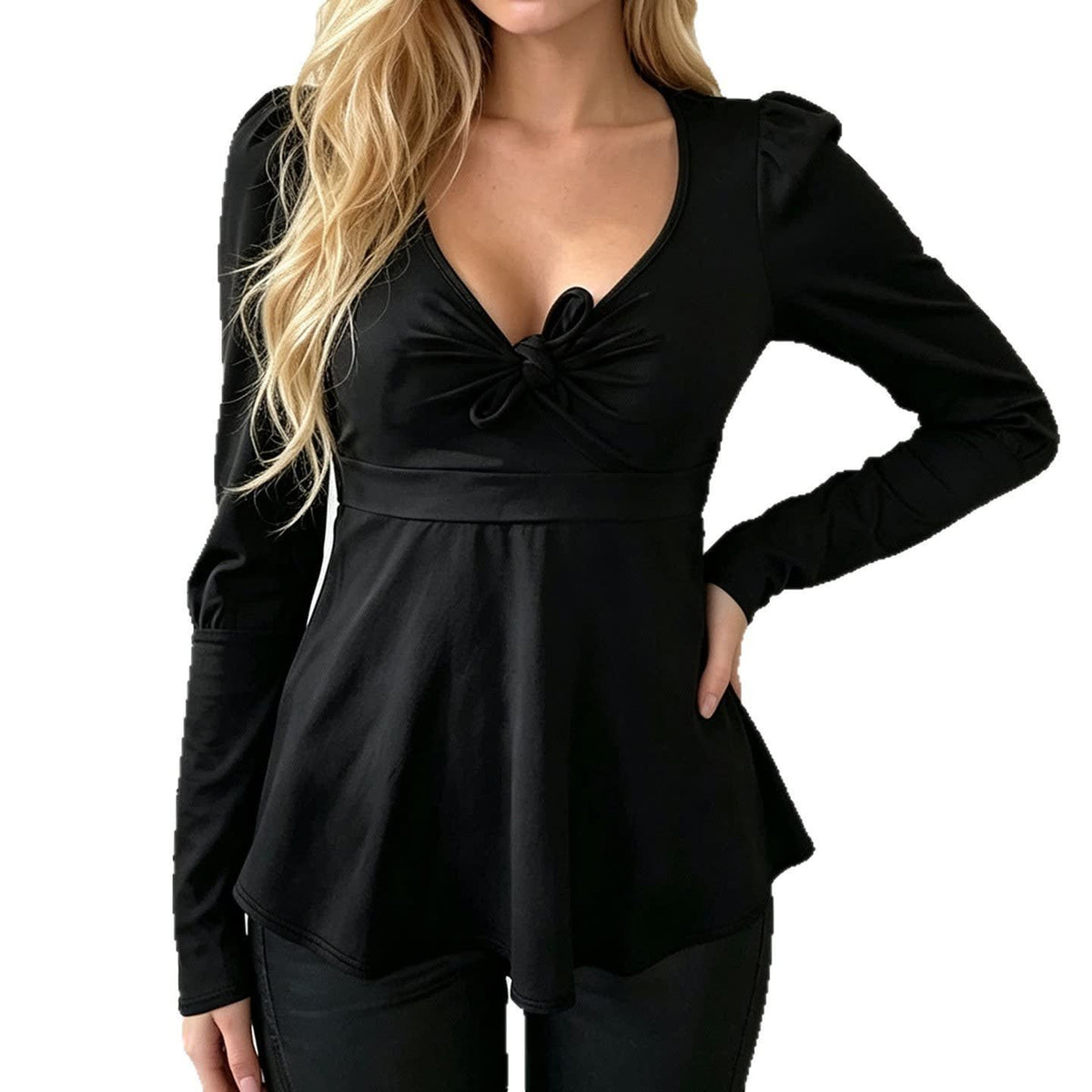 Greta Knot Front Puff Sleeve Peplum Top_5