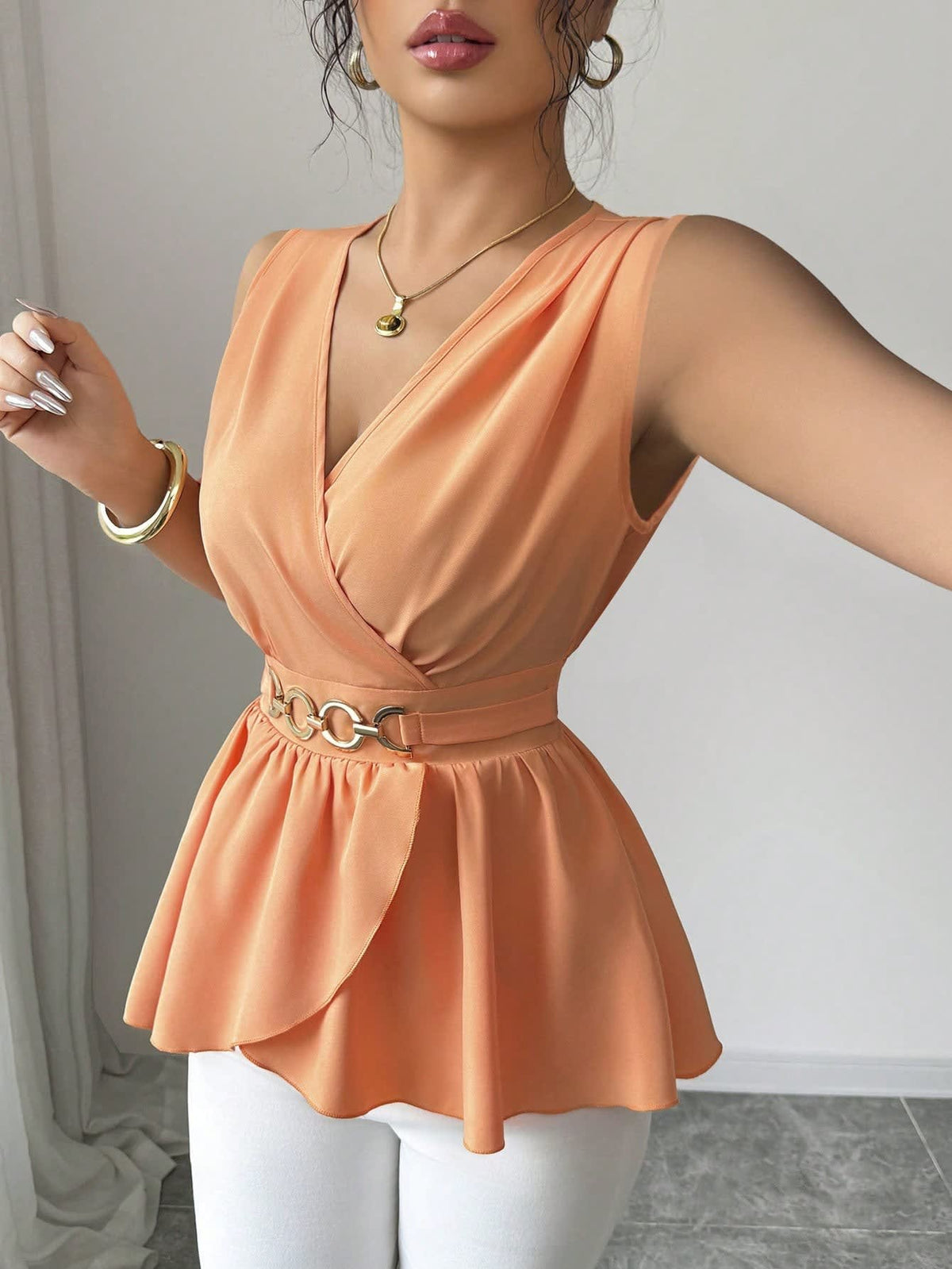 Melina Wrap V-Neck Peplum Top with Chain Belt_6