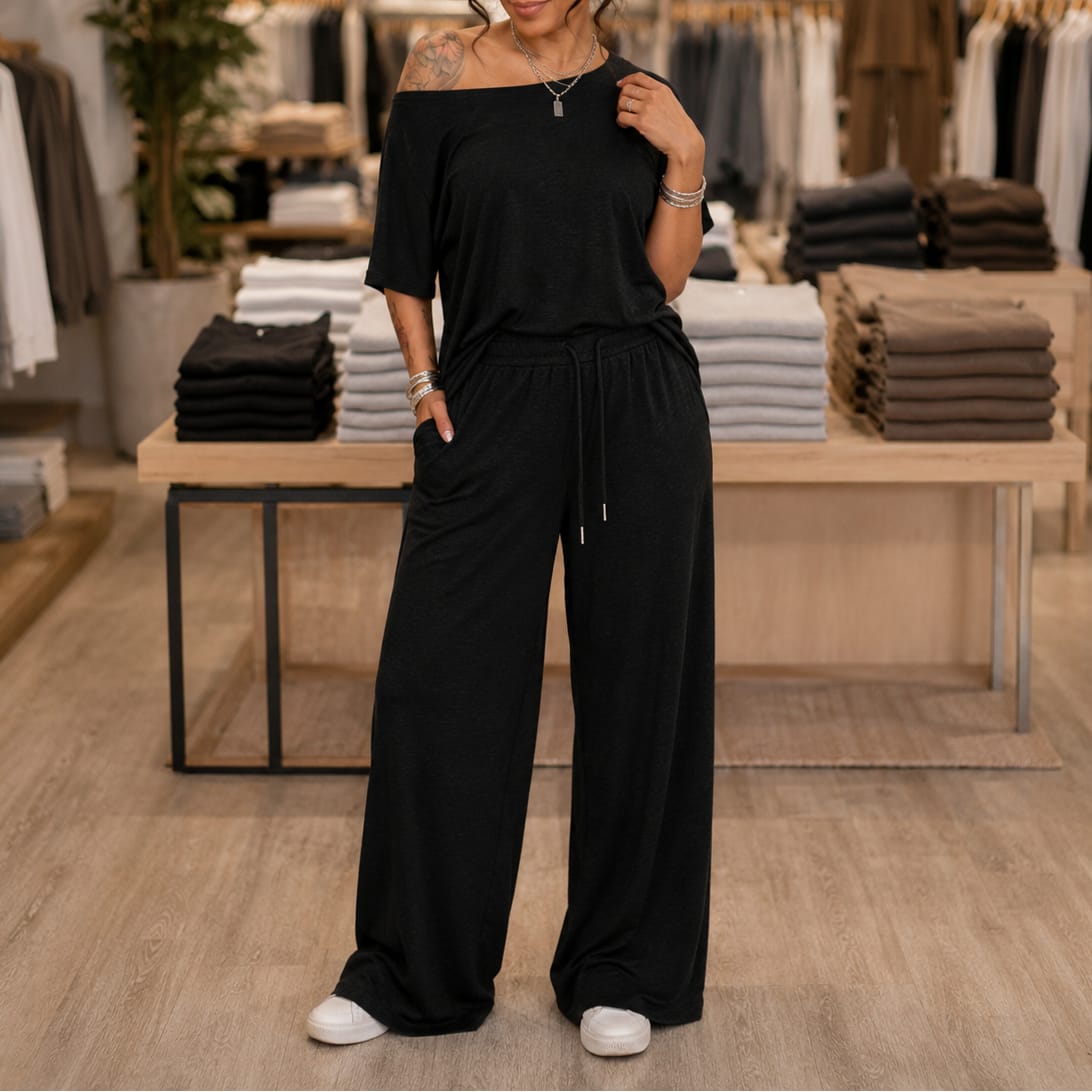 Noelle Asymmetric Off-Shoulder Top and Wide Leg Pants Two Piece Set_15