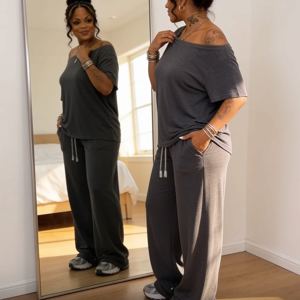 Noelle Asymmetric Off-Shoulder Top and Wide Leg Pants Two Piece Set_2