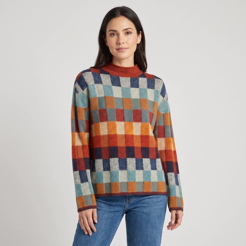 Cherie Multicolor Check Knit Mock Neck Sweater_1