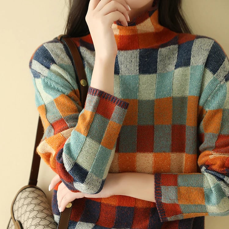 Cherie Multicolor Check Knit Mock Neck Sweater_3