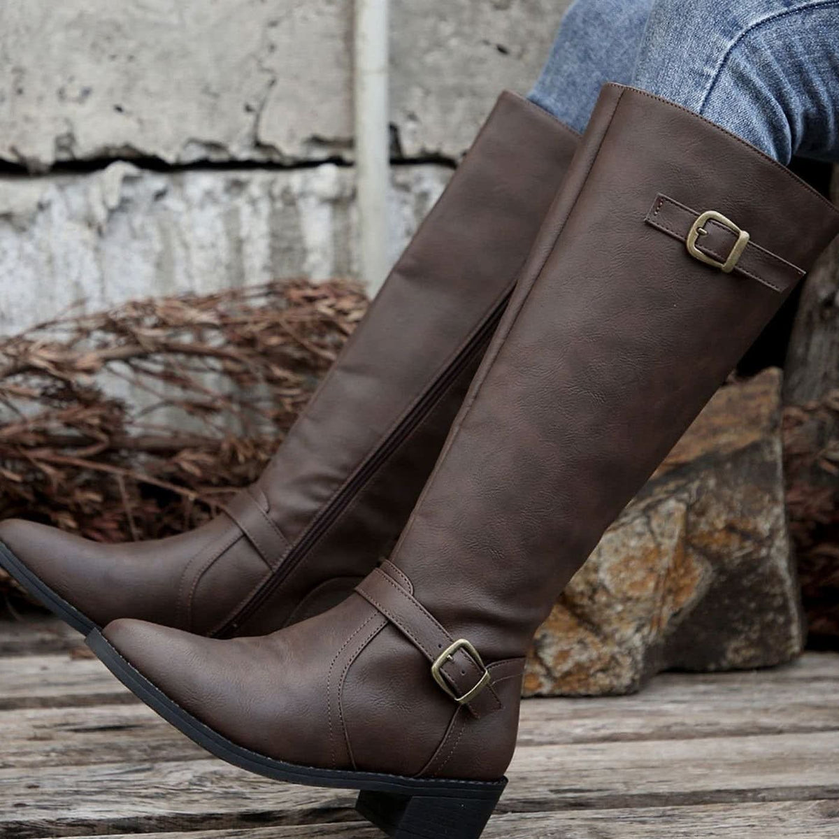 Lauren Faux Leather Buckle Knee High Riding Boots_6