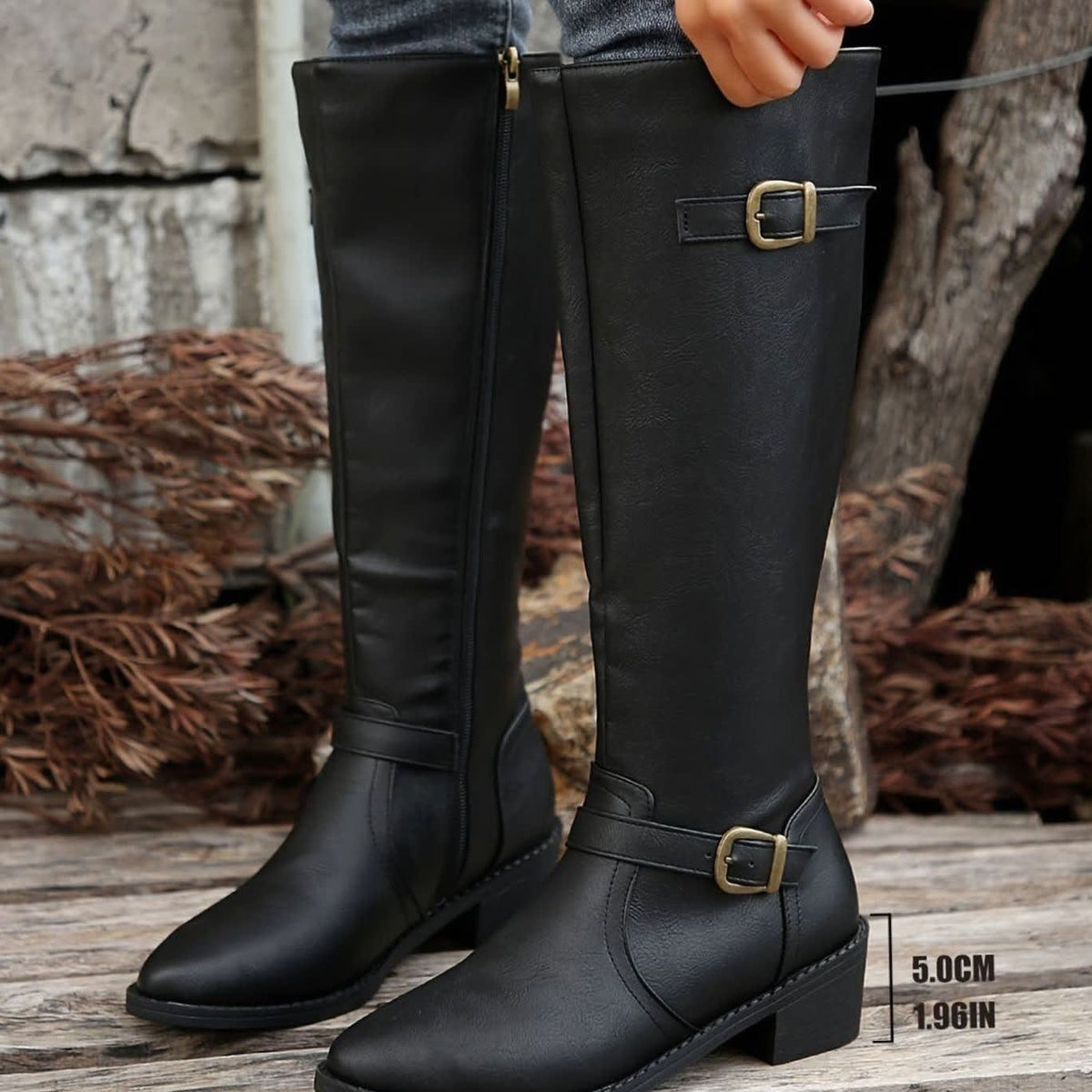 Lauren Faux Leather Buckle Knee High Riding Boots_9