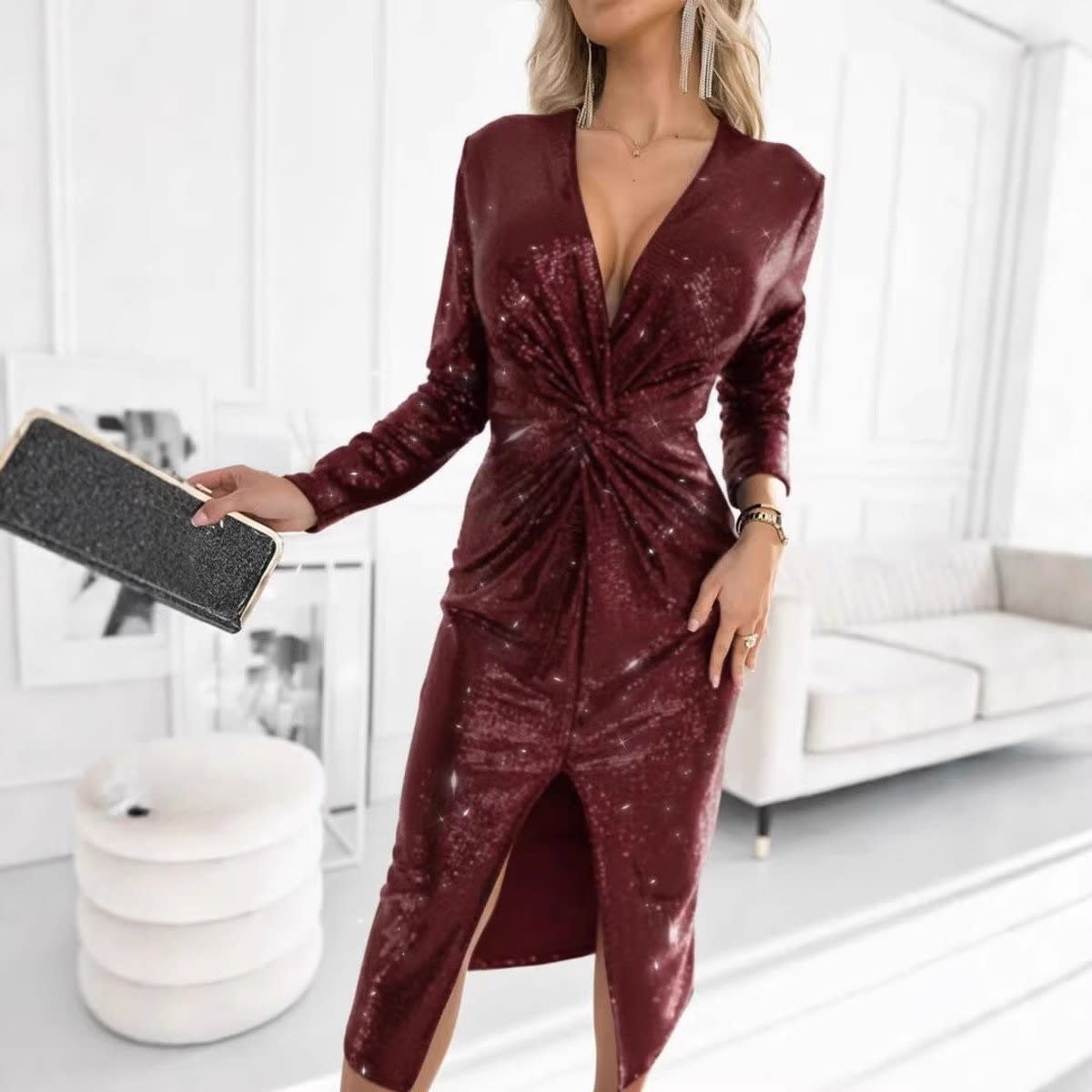 Avery Sequin Twist Front Midi Cocktail Dress_5