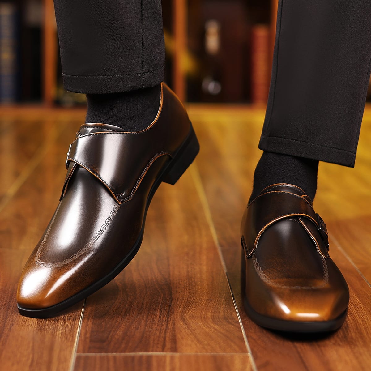 Randolph Burnished Leather Single Monk Strap Loafers_4