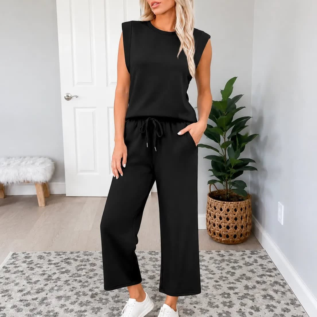 Flora Sleeveless Top and Wide Leg Drawstring Pants Two Piece Lounge Set_14